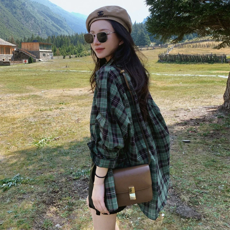 韩系防晒格子长袖衬衫女春季2025新款设计感休闲上衣宽松衬衣外套