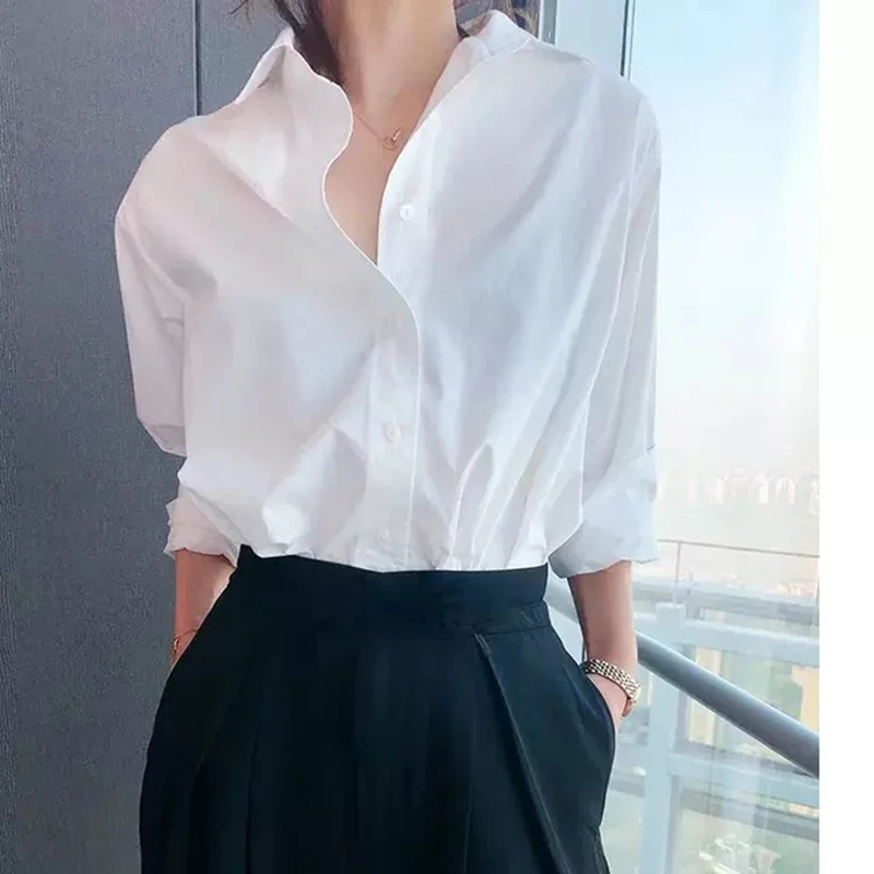 法式气质白色长袖衬衣女春季冷淡风职场宽松慵懒风设计感小众上衣