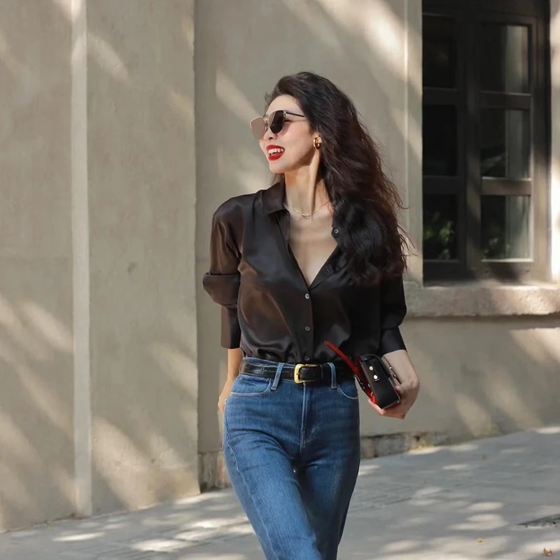法式黑色醋酸缎面衬衫女春季2025新款内搭叠穿衬衣气质高级感上衣