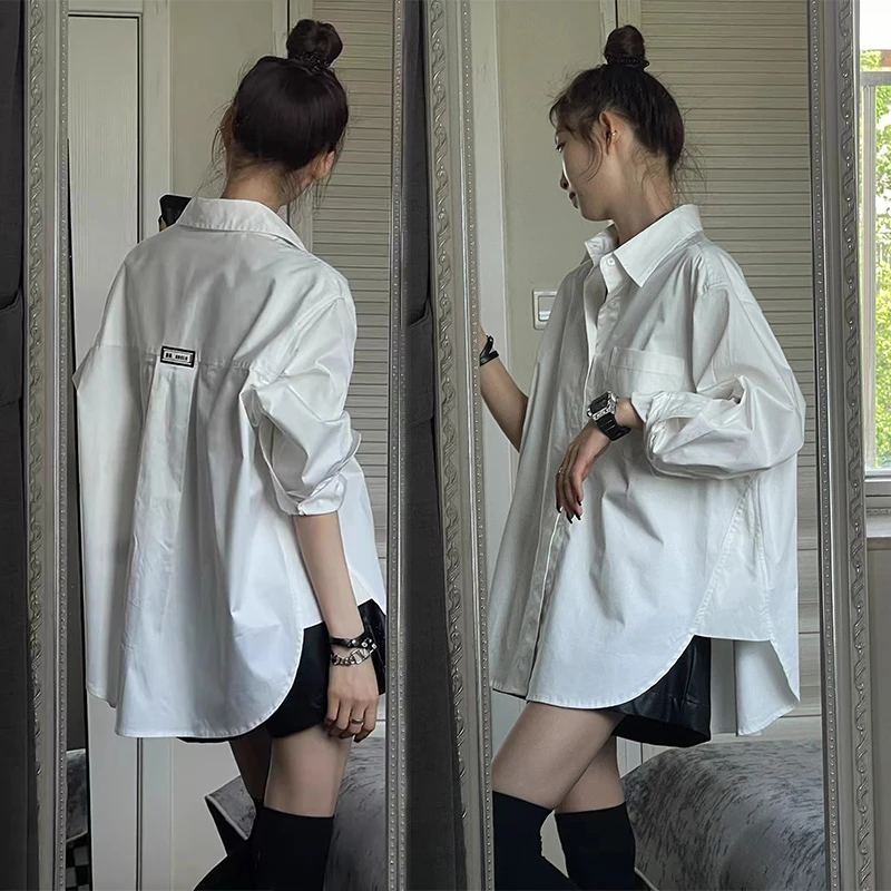 韩系慵懒风白色长袖衬衫女春季新款复古宽松内搭叠穿设计感衬衣