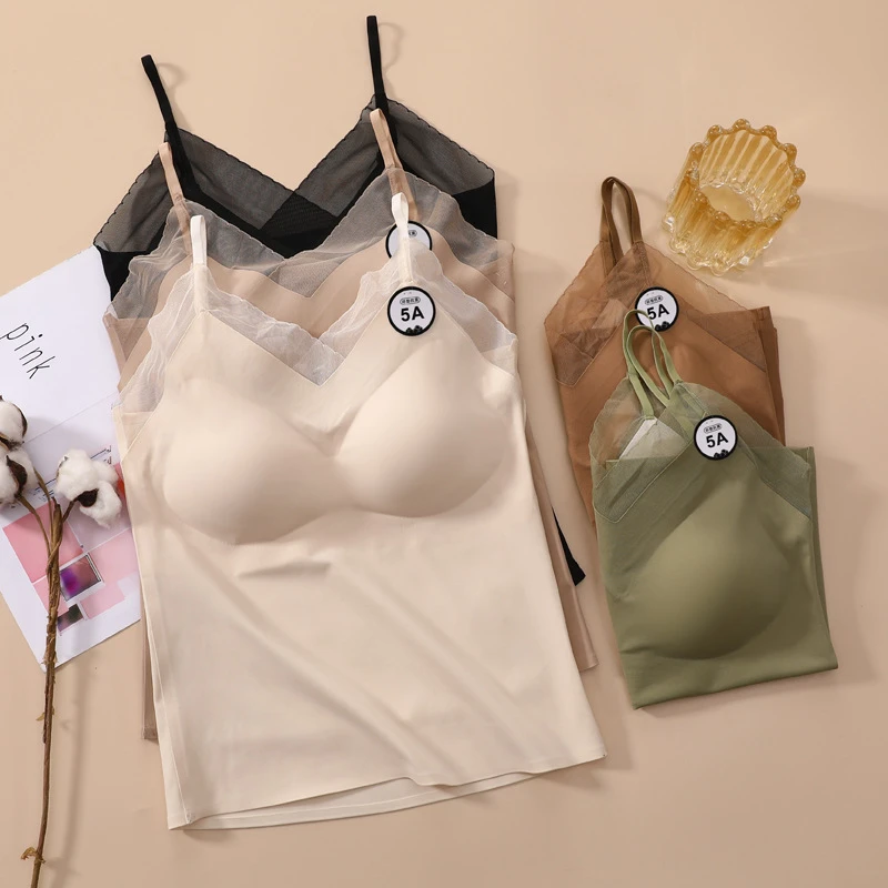 大码长款吊带背心固定一体杯无钢圈内衣裸感无痕美背可外穿打底衣