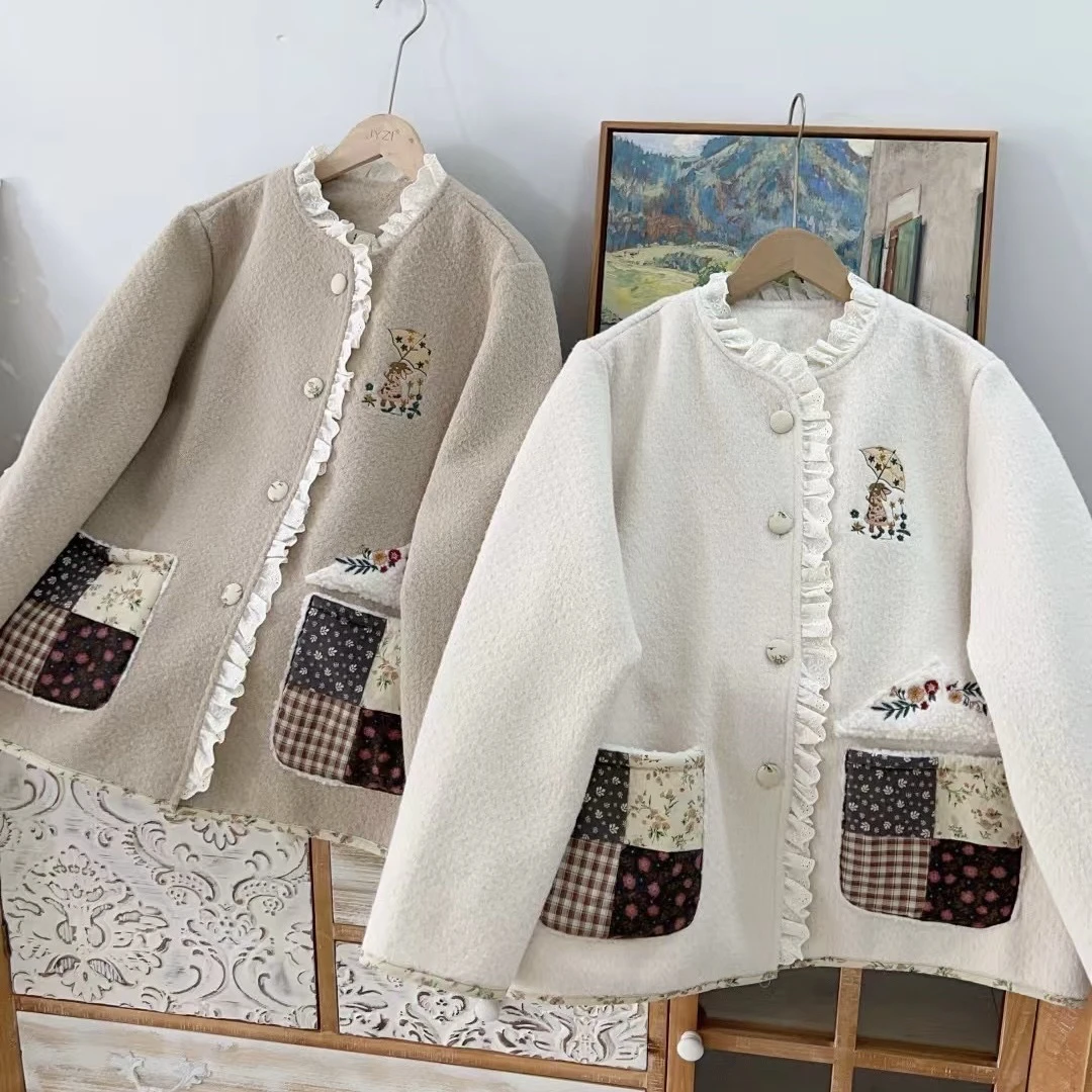 木木家 刺绣花边毛呢外套227