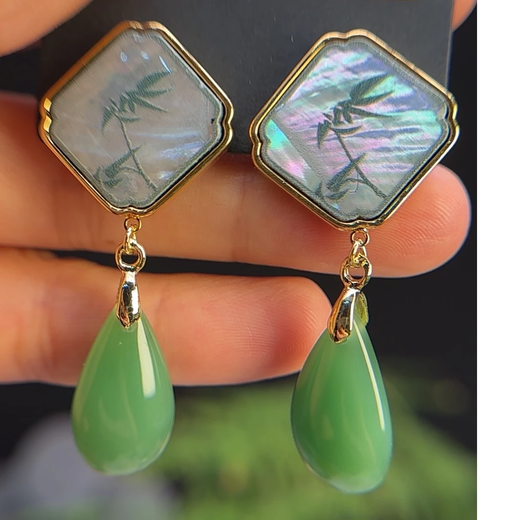 铜合金耳饰 手工气质时尚绿色国风长款民族风法式欧美简古典-6185