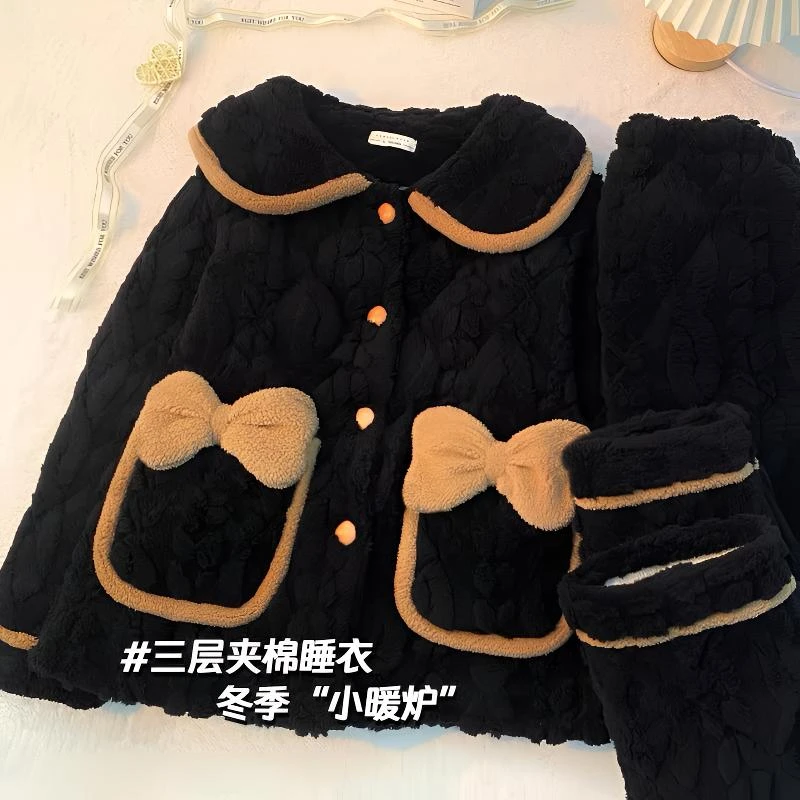 睡衣女款冬季爆款2025新款加绒加厚三层夹棉冬天家居服套装可外穿