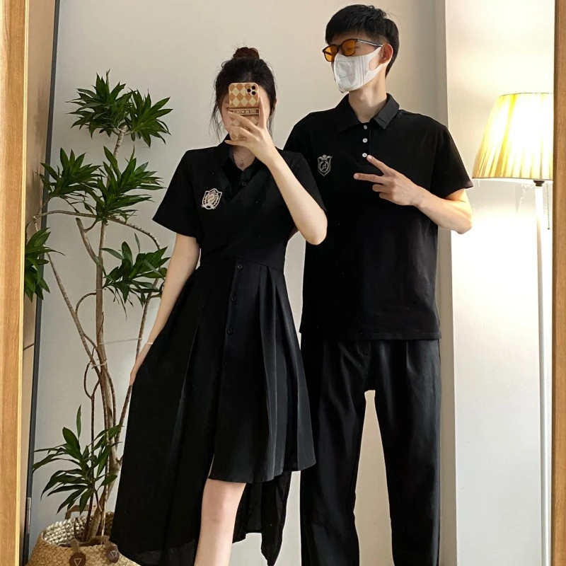 情侣装一裙一衣黑色连衣裙夏季韩版不规则短袖中长裙POLO衫男短袖