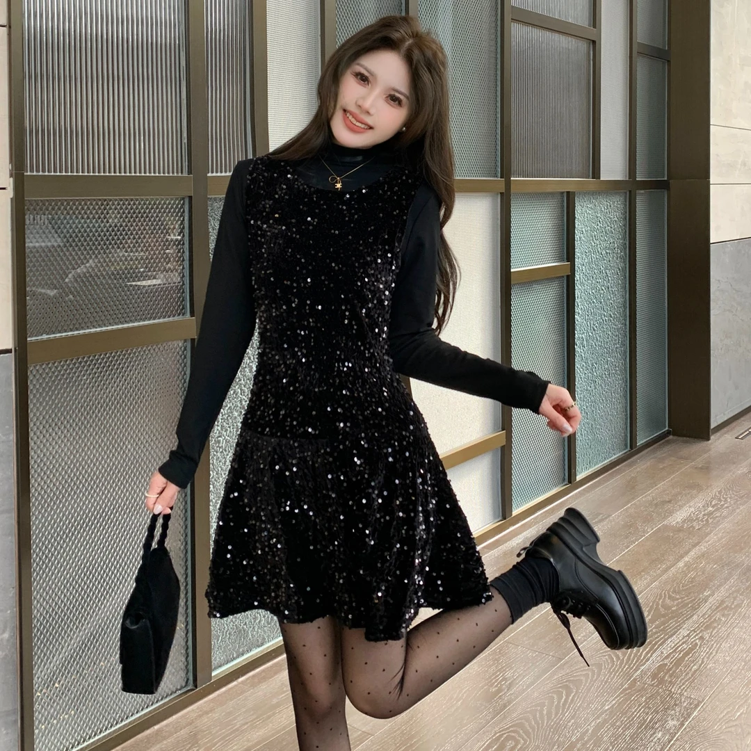 大码女装法式小香风宴会礼服裙轻奢高端黑色背心亮片连衣裙两件套