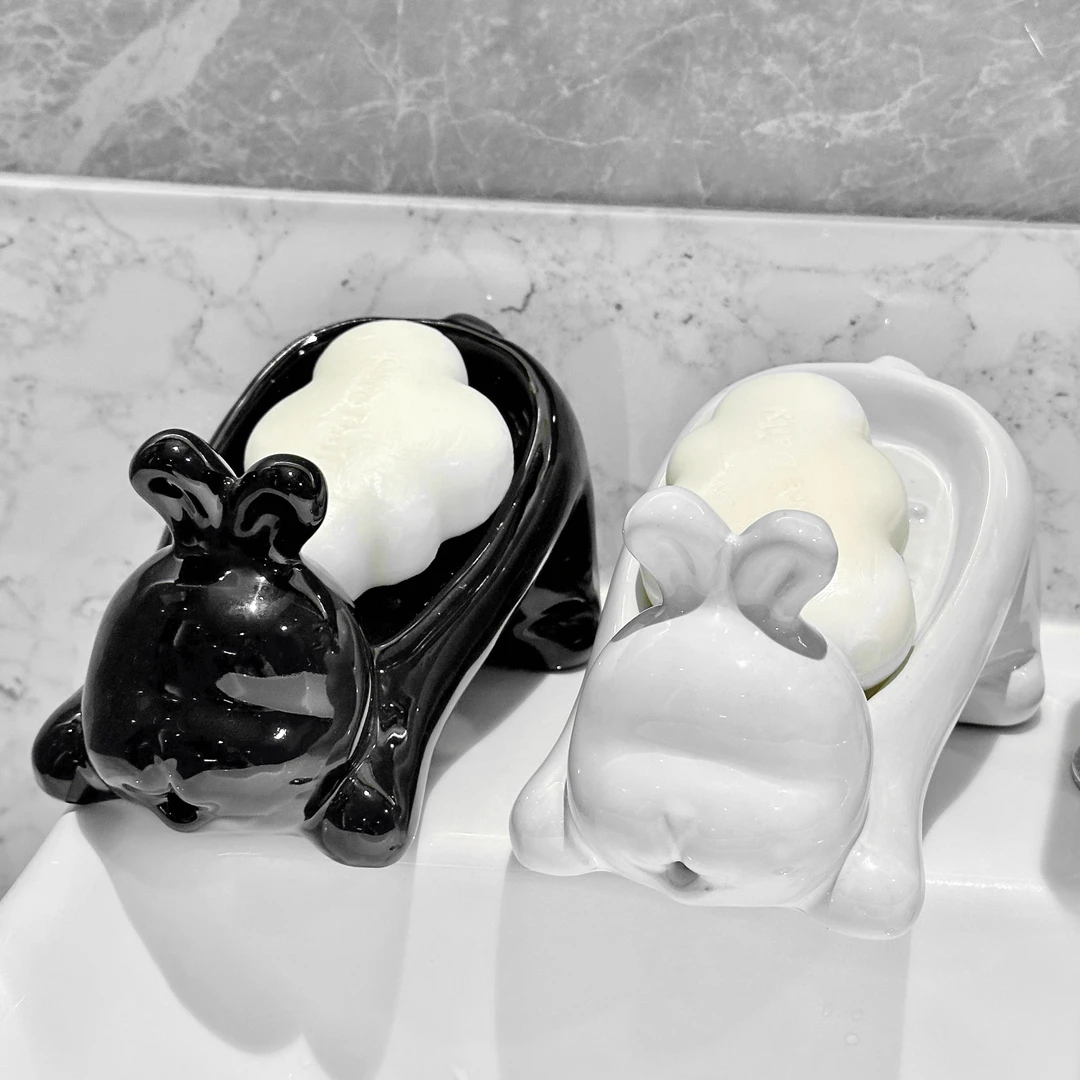 可爱兔子肥皂盒免打孔卫生间家用陶瓷高档创意浴室香皂盒自动沥水