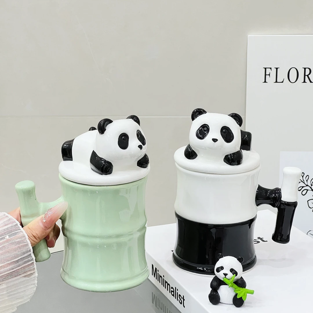 熊猫陶瓷马克杯带盖家用高颜值创意小众设计情侣咖啡杯喝水杯子