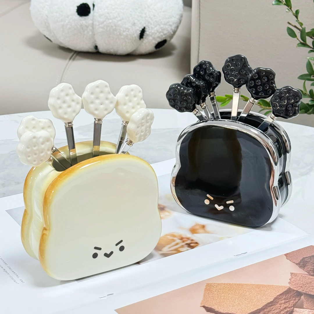 创意面包水果叉趣味吐司设计不锈钢甜品蛋糕叉子水果签收纳罐套装