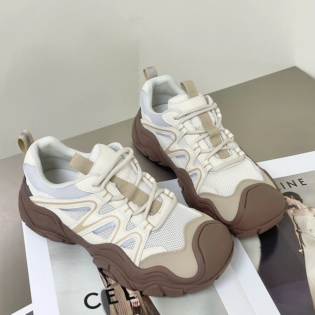 厚款底网面鞋漆皮时尚休闲鞋小众复古拼色厚底透气女鞋