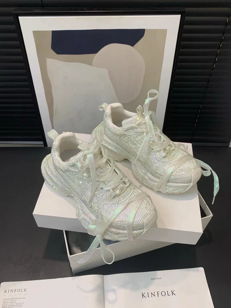 满钻厚底老爹鞋女2024新款绑带百搭休闲炸街运动鞋潮3588