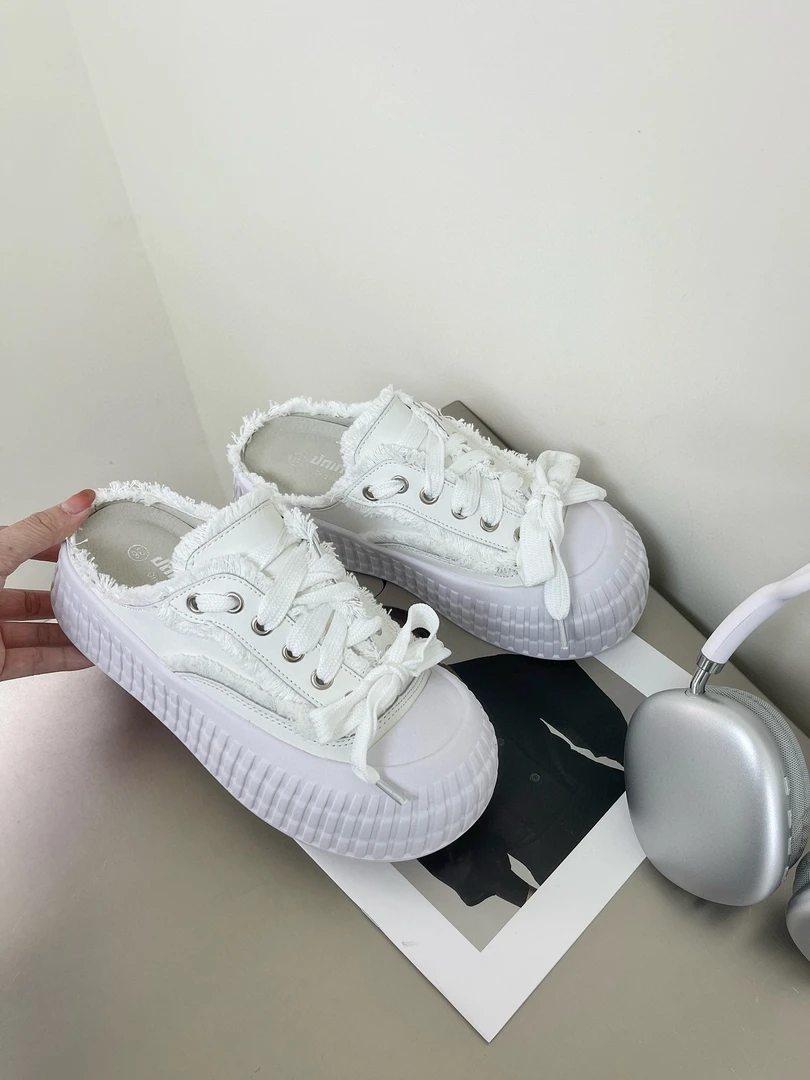 2024夏新款韩版半拖小白鞋女系带流苏懒人厚底休闲包头拖鞋126-5