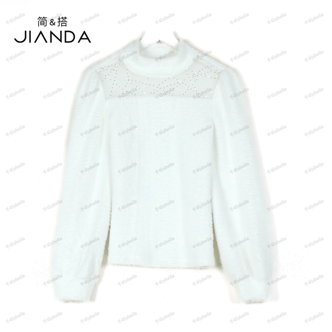 千屿Sheila秋季拼接网纱重工毛绒轻奢气质女士圆领打底长袖上衣女