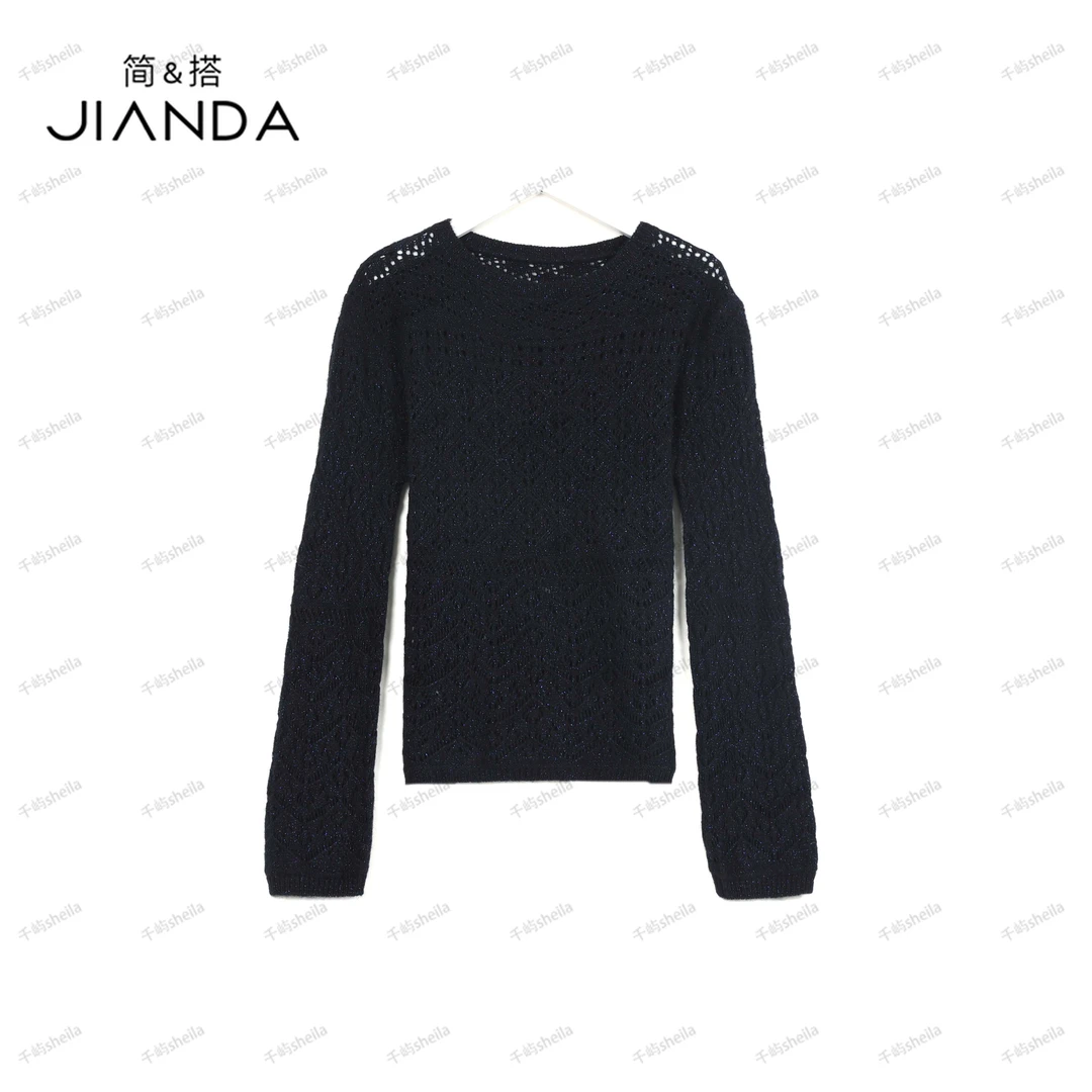 千屿Sheila秋款女装圆领上衣女士百搭镂空纯色针织长袖毛衣女8616