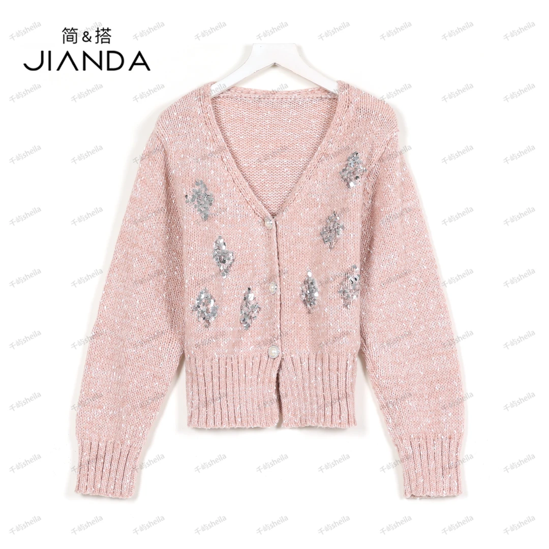 简&搭千屿Sheila女装重工亮片百搭珍珠扣气质针织开衫0904-9802