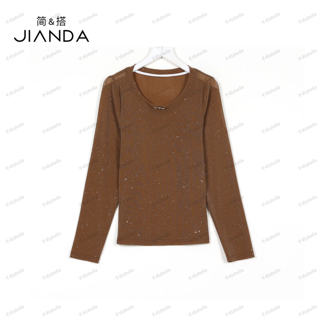 简&搭千屿Sheila女装满天星气质星蝉圆领打底长袖上衣 5500139