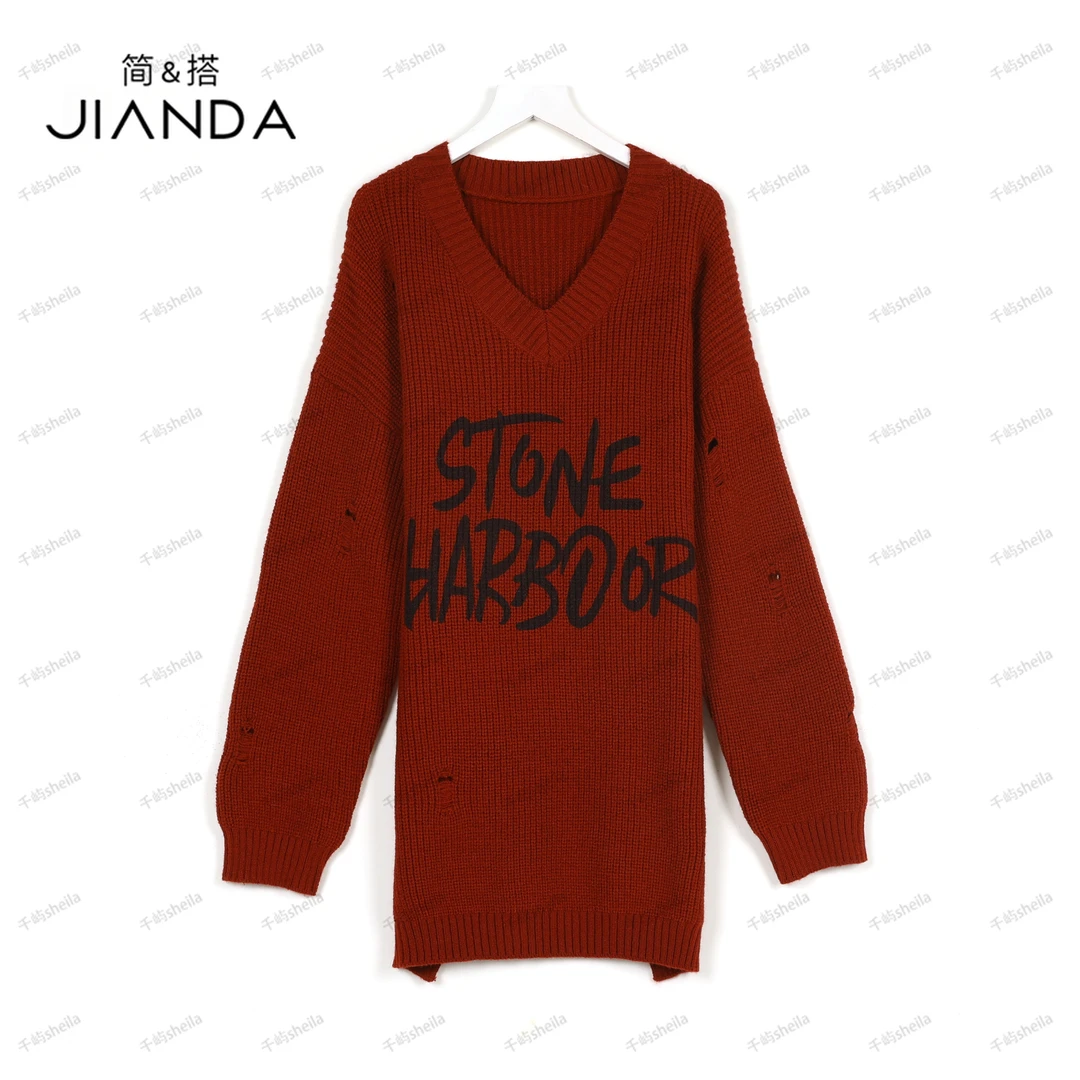 千屿Sheila秋款女装中长款女士破洞针织长袖雅丹风毛衣0922-88148