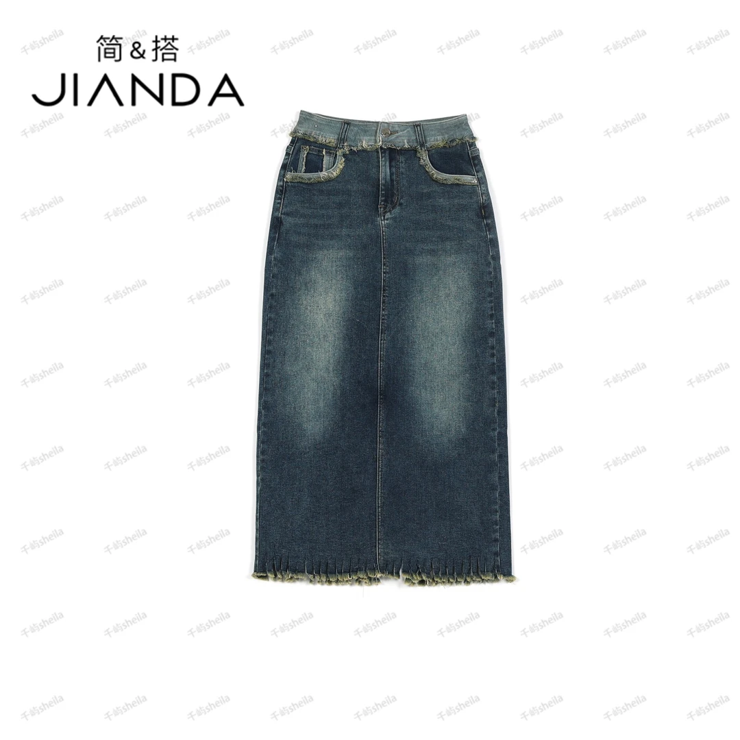 【千屿Sheila】女装通勤百搭蓝色水洗流苏牛仔半身裙子BQ/0217-903