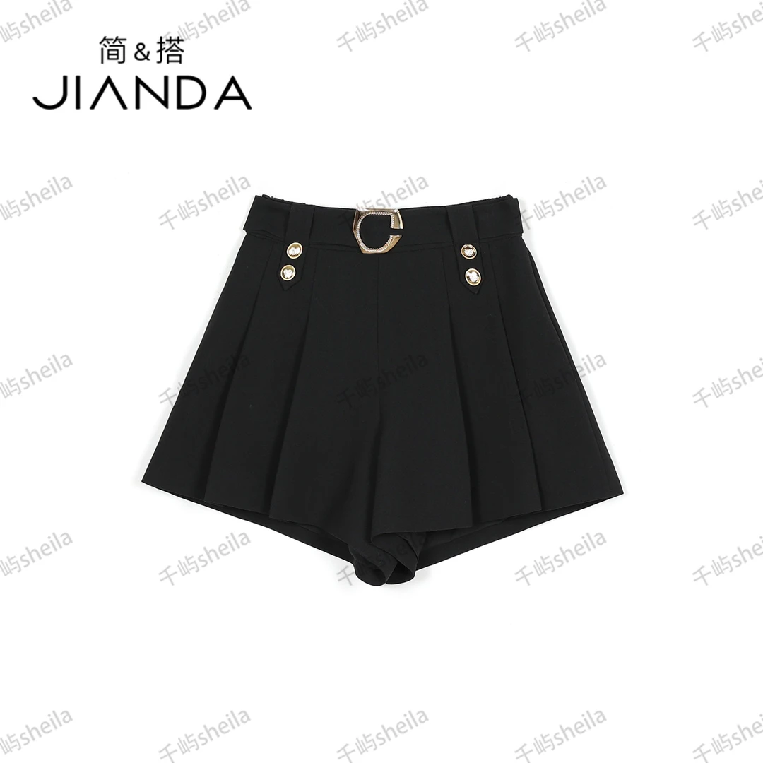 千屿Sheila夏季休闲黑色辣妹短裤高档百褶裙裤223-DK/0721-310371