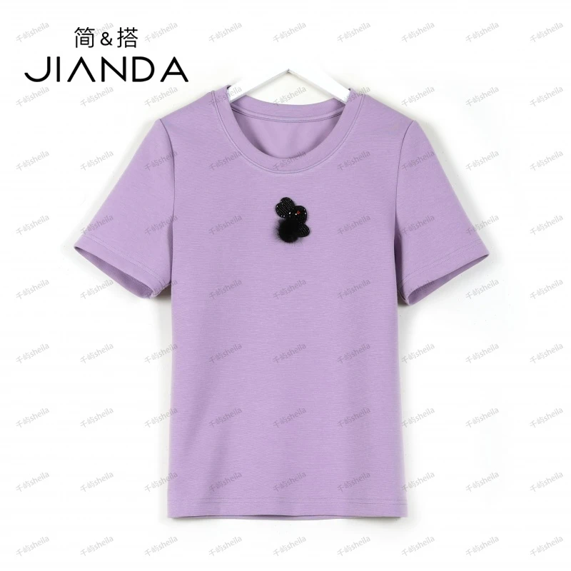 千屿Sheila夏季圆领百搭纯色小兔子短袖T恤女233-TX/0805-3101199