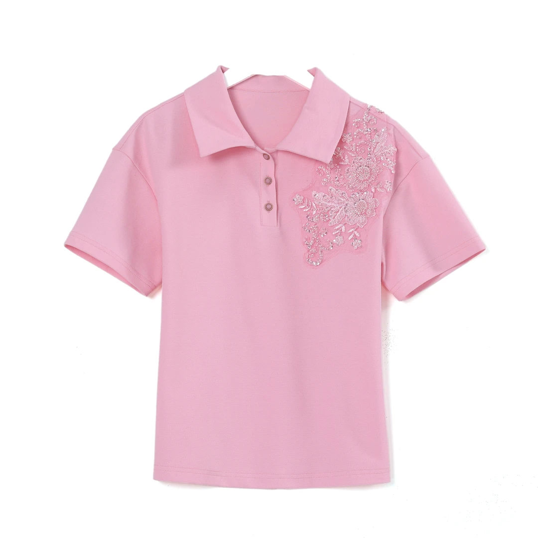 千屿Sheila夏季翻领重工刺绣女士百搭T恤242-TX/0117-170161