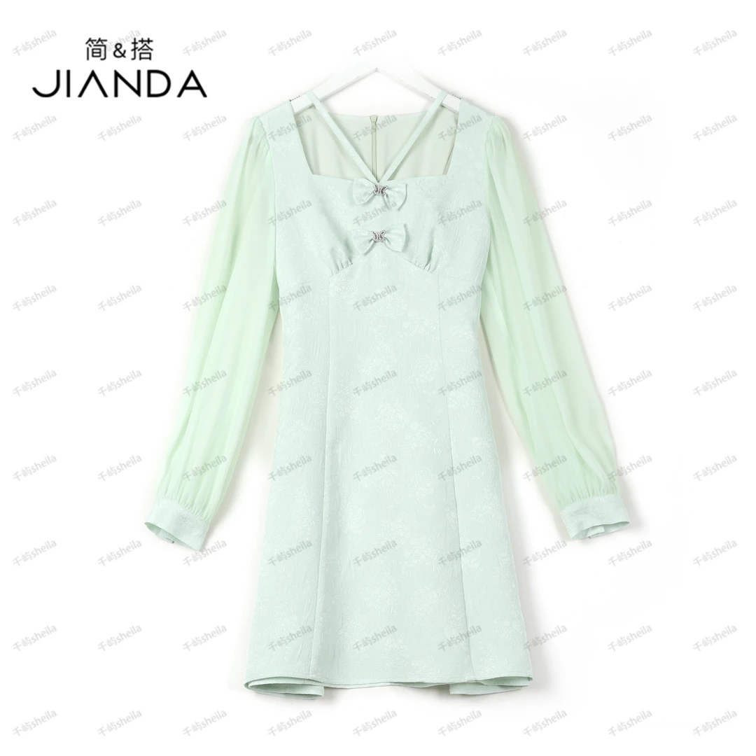 简&搭千屿Sheila蝴蝶结网纱袖浮雕花连衣裙231-LYQ/0422-1301367