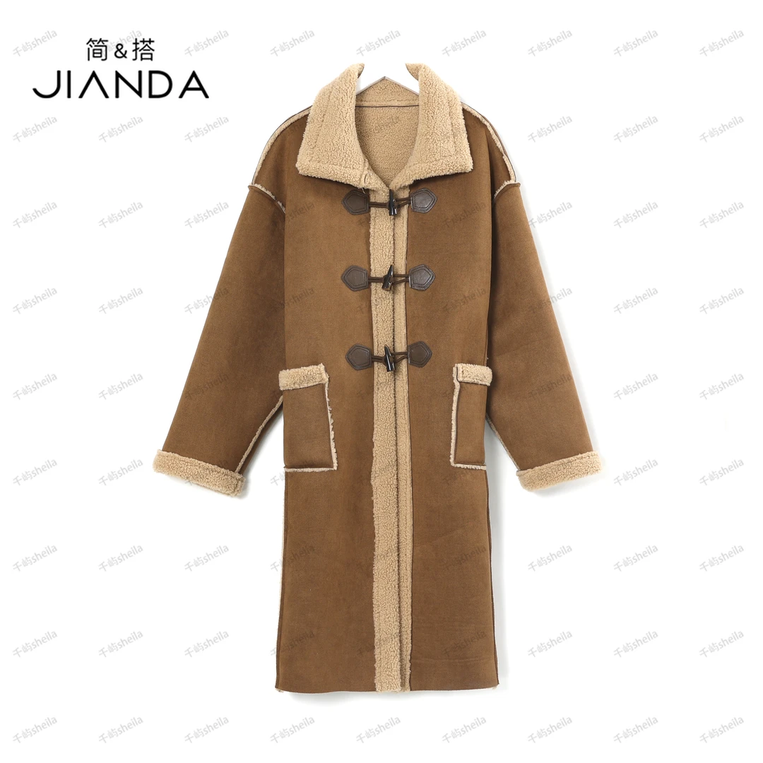 千屿Sheila秋冬翻领牛角扣女士中长款外套女234-WT/1220-23208