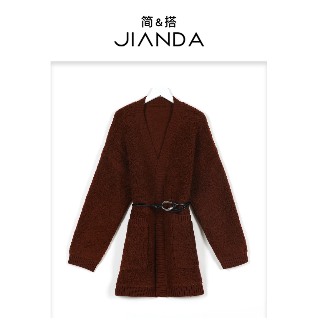 简&搭千屿Sheila腰带大口袋绵羊毛中长款开衫外套秋冬款1019-817