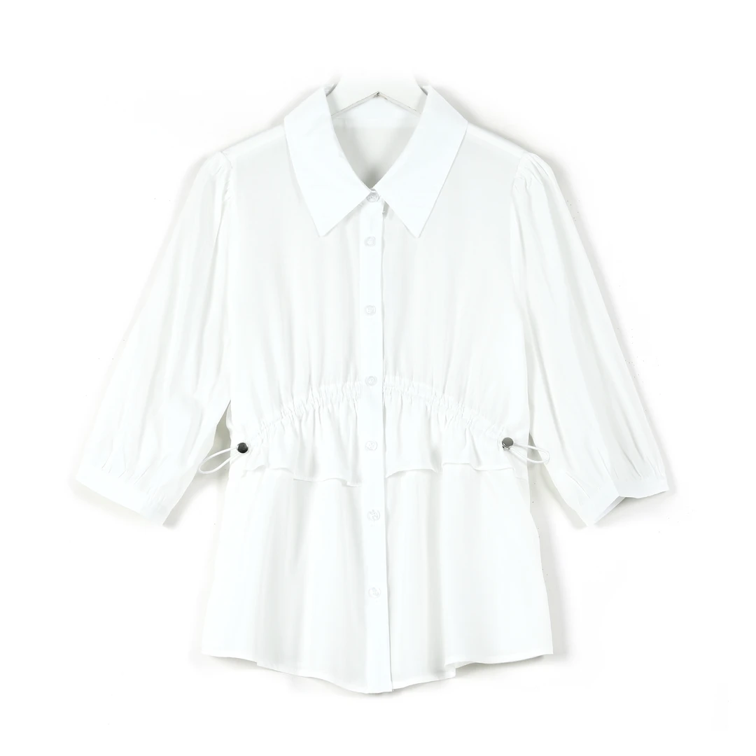 千屿Sheila翻领抽绳裙摆气质通勤半袖衬衫上衣女231-CS/0331-8029