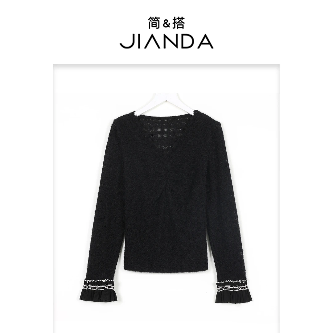 千屿Sheila植绒蕾丝打底衫保暖重工波纹内搭甜美上衣1031-5500171