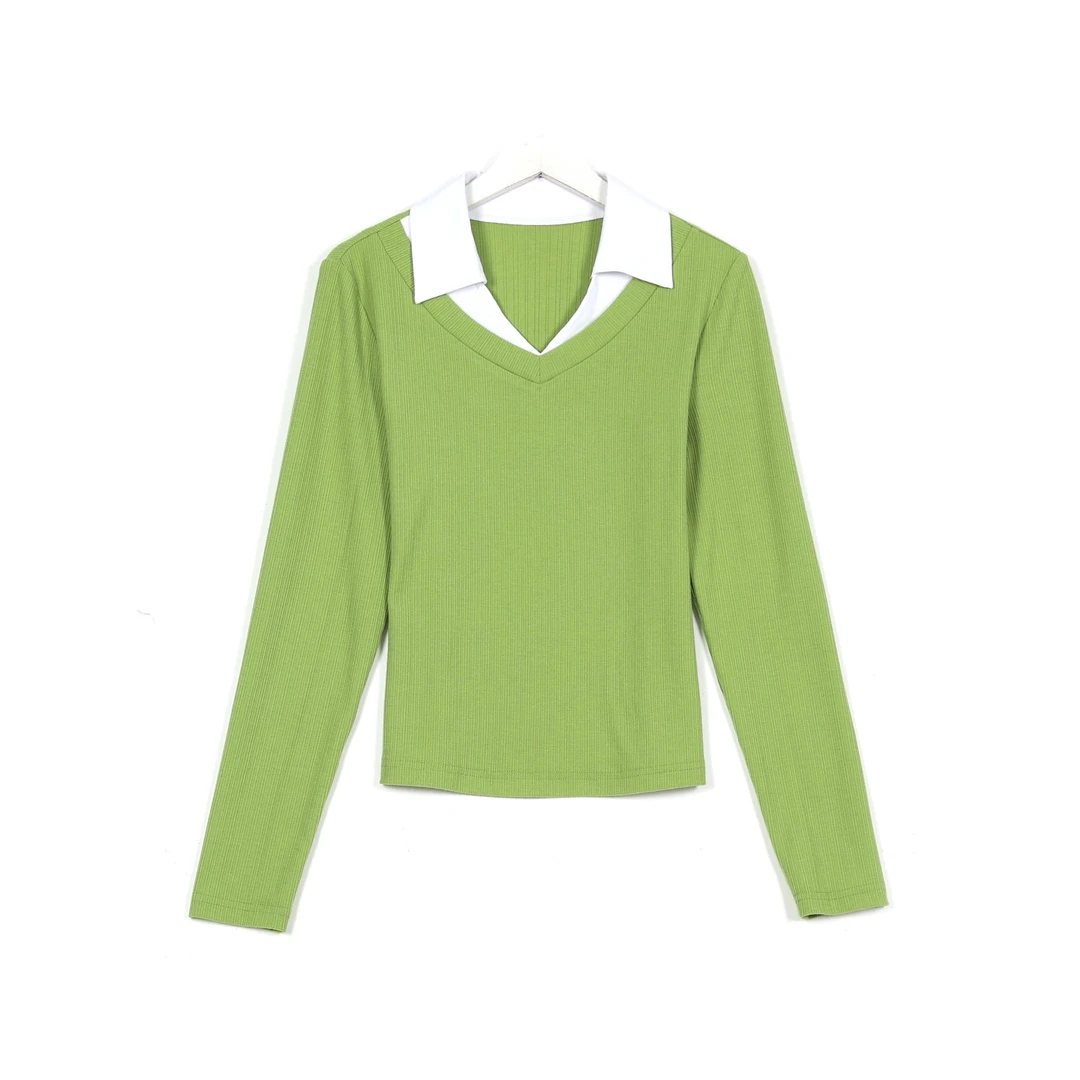 【千屿Sheila】春季轻奢小设计通勤拼色衬衫领上衣SY/0221-160927