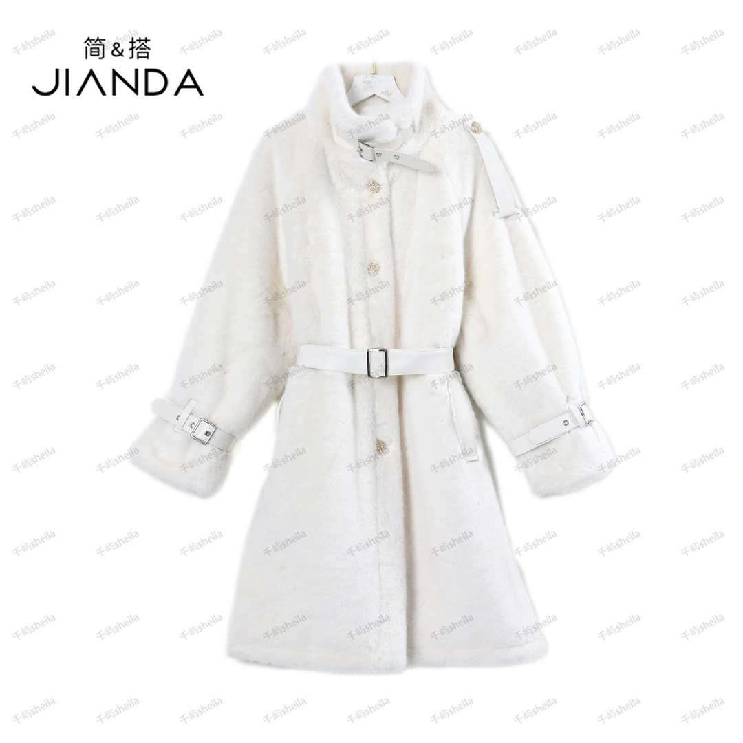 千屿Sheila秋冬高领拼接女士中长款腰带气质大衣234-DY/1217-115