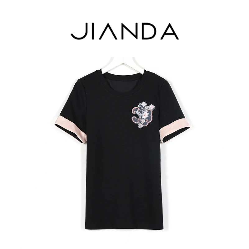 千屿Sheila夏季新款女装上衣拼色圆领百搭短袖T恤女 0505-1101370