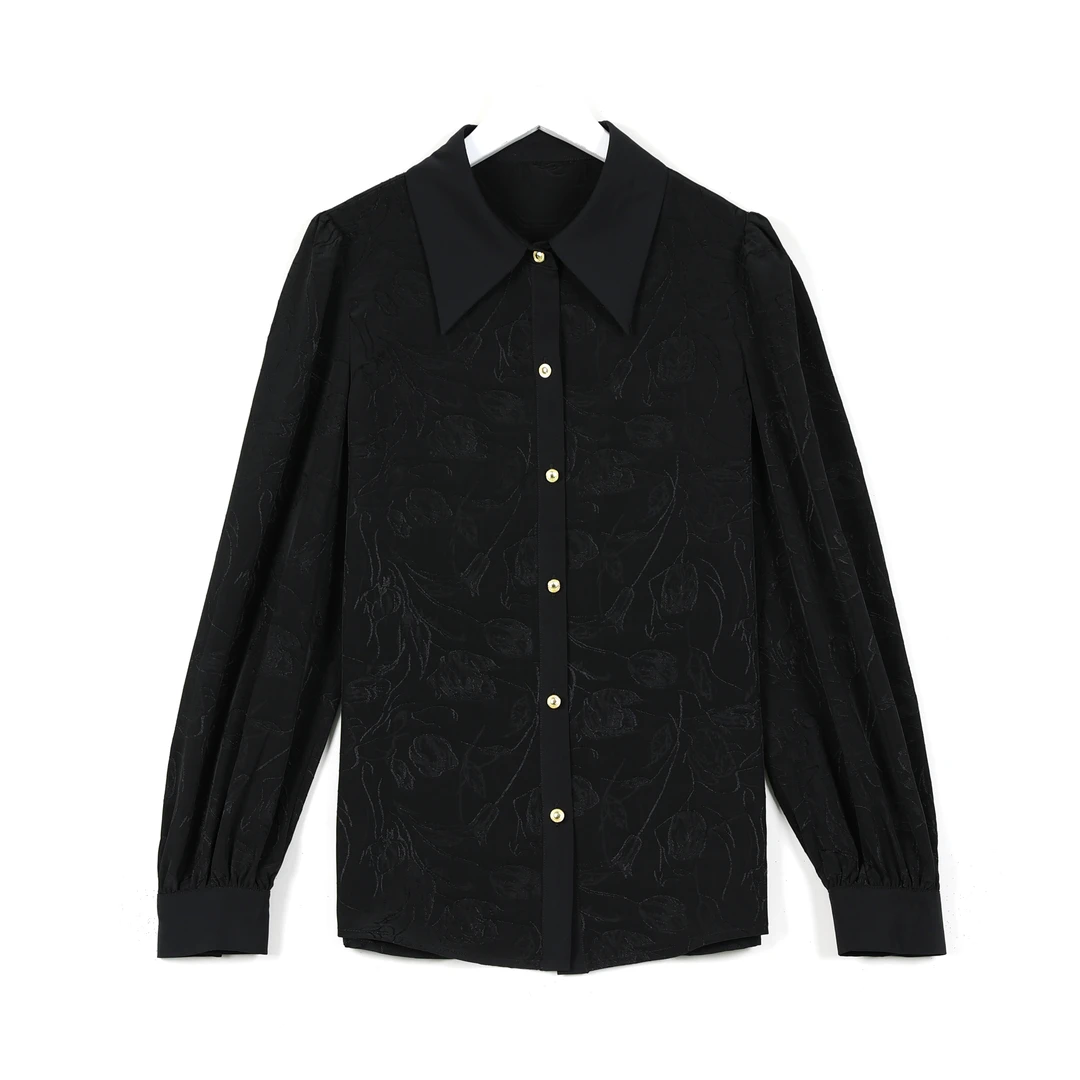 千屿Sheila翻领排扣通勤女装衬衣刺绣女士琥珀衬衫女0908-3101237