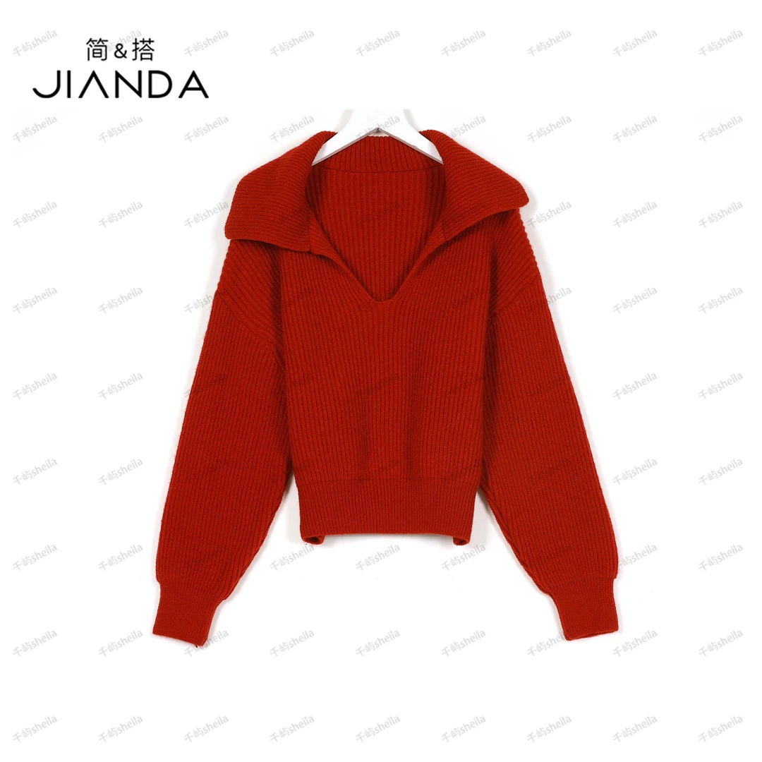 千屿Sheila秋季女装翻领竖纹百搭女士休闲针织长袖毛衣 0823-8847