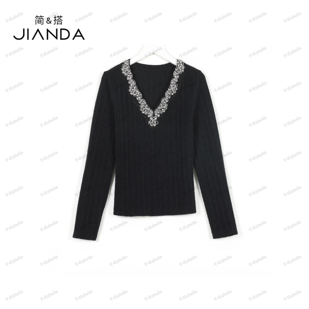 千屿Sheila秋冬重工水钻领植绒打底小衫时髦气质上衣1019-5500167