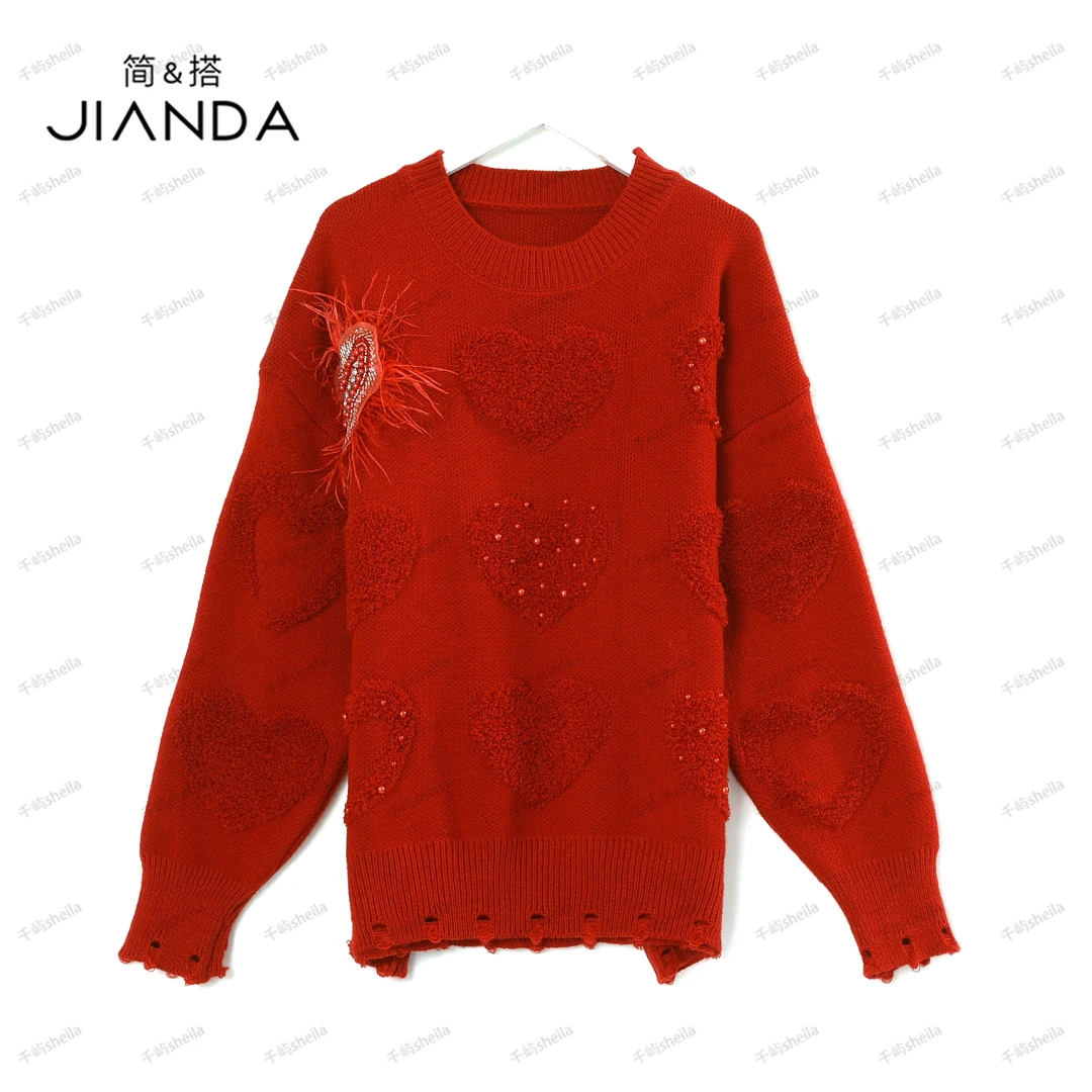 简&搭千屿Sheila春秋破洞水钻珍珠爱心毛衣女233-MY/1201-23121