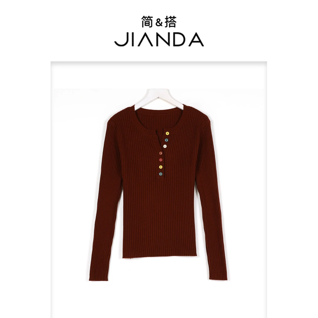 千屿Sheila 红人上新 秋冬款女装上衣彩扣开领长袖毛衣女 1112-85