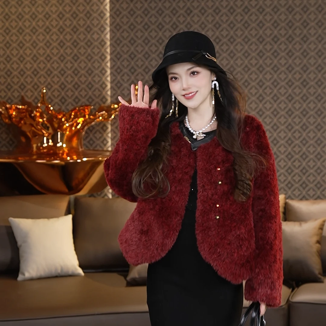 千屿Sheila短款彩扣拼皮小香风毛绒休闲百搭外套女款秋冬1022-783