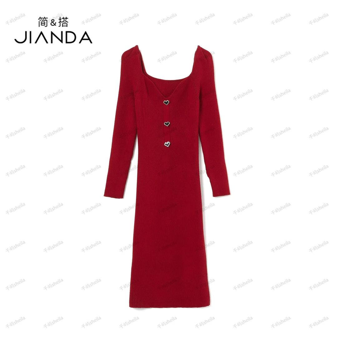 千屿Sheila爱心扣百搭气质中长款针织连衣裙234-LYQ/1212-8889