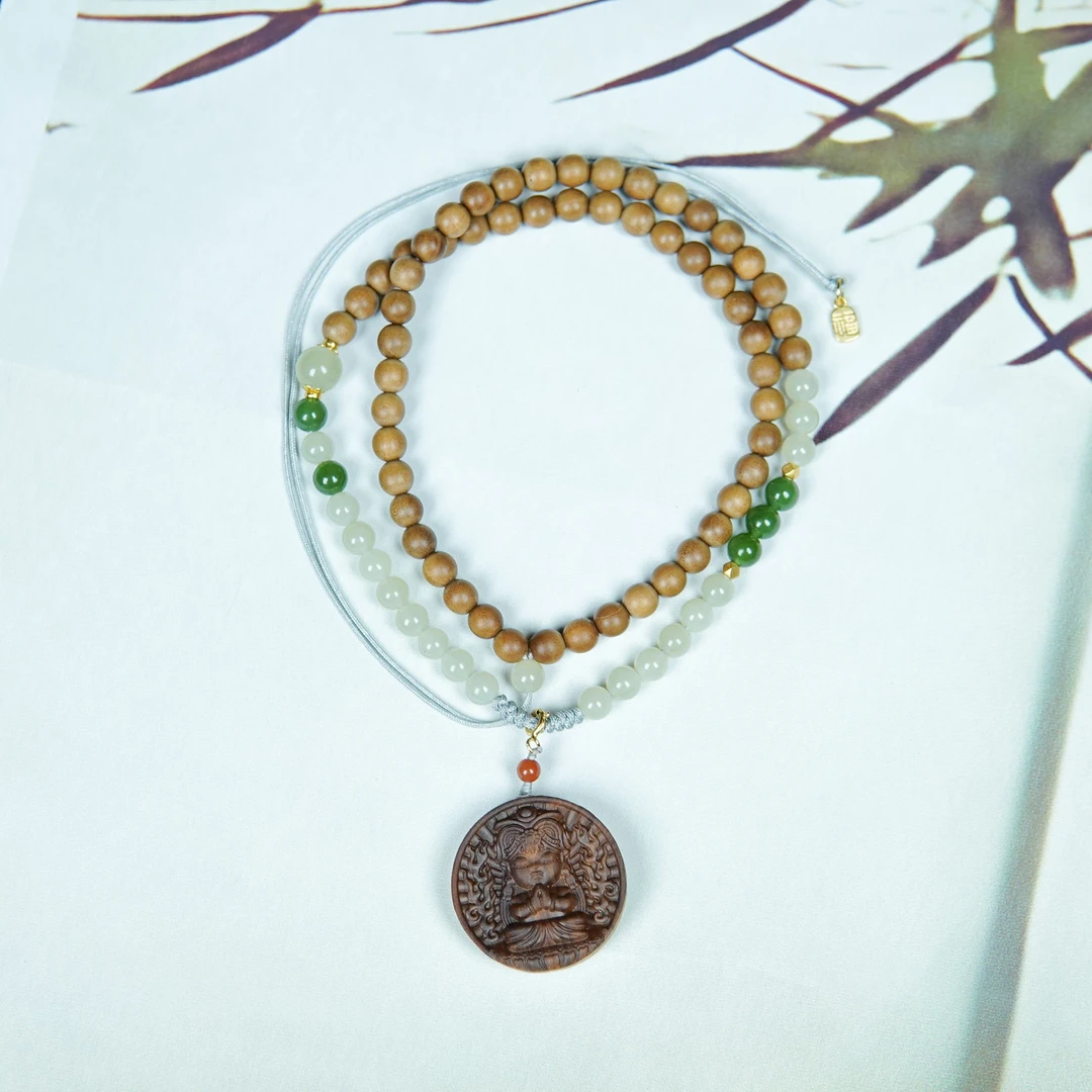 印度老山檀香黑肉横纹扎基吊坠和田玉06mm锁骨链国风高级项链女