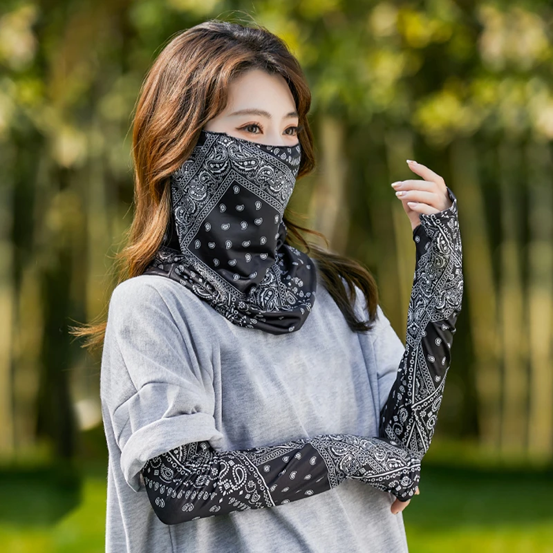 夏季挂耳面罩套装冰丝袖套防晒面罩男薄款透气女遮阳面纱钓鱼骑行