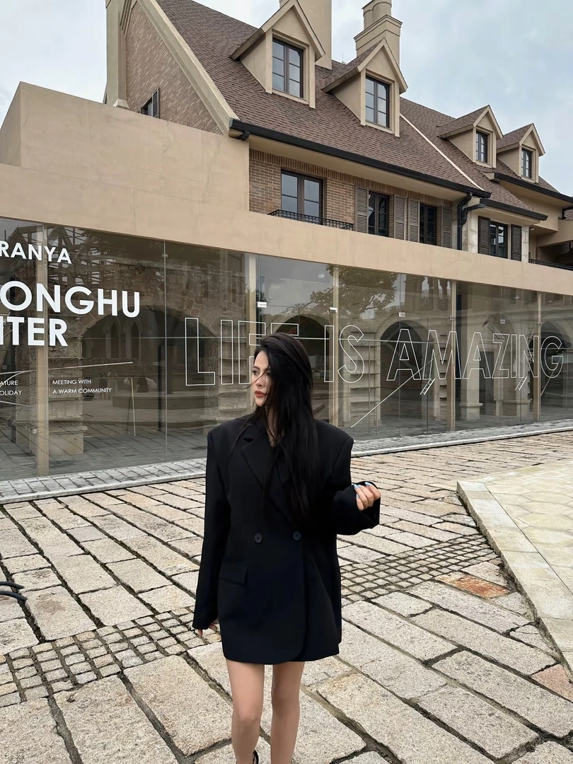 清清不退换！侧扣两穿廓形纯色可斜扣宽松百搭长袖西装外套