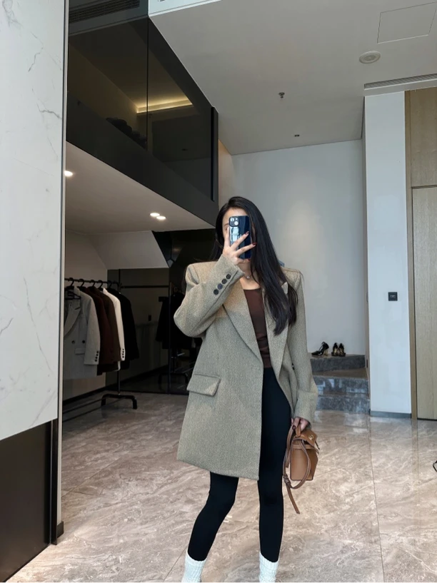 水波纹毛呢西服外套夹棉加厚宽松垫肩休闲百搭显瘦设计款侧扣西装