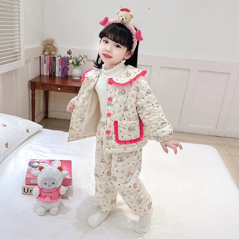 女童三层夹棉睡衣冬季花边新款女孩女宝宝加绒加厚儿童冬款家居服