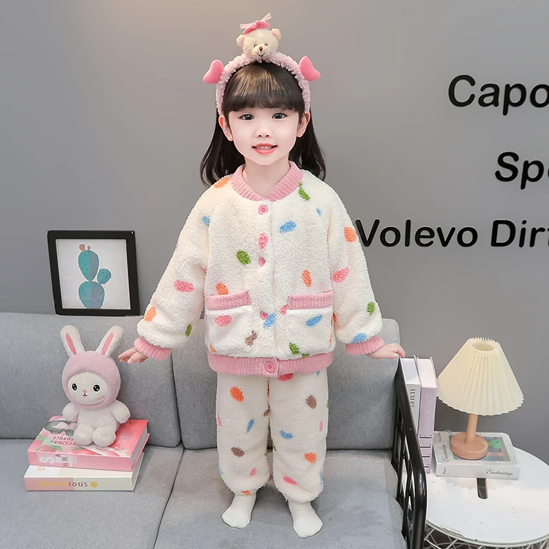 儿童家居服女童秋冬法兰绒睡衣双层加厚开衫分体套装宝宝珊瑚绒冬