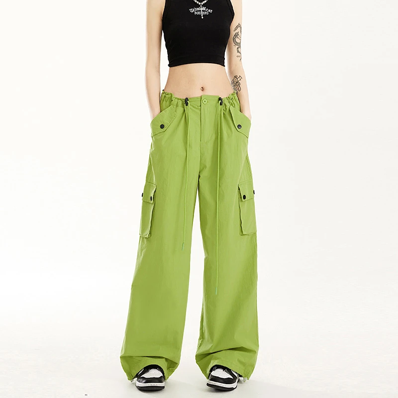 美式复古绿色抽绳工装裤女夏季高腰阔腿裤直筒宽松休闲运动裤
