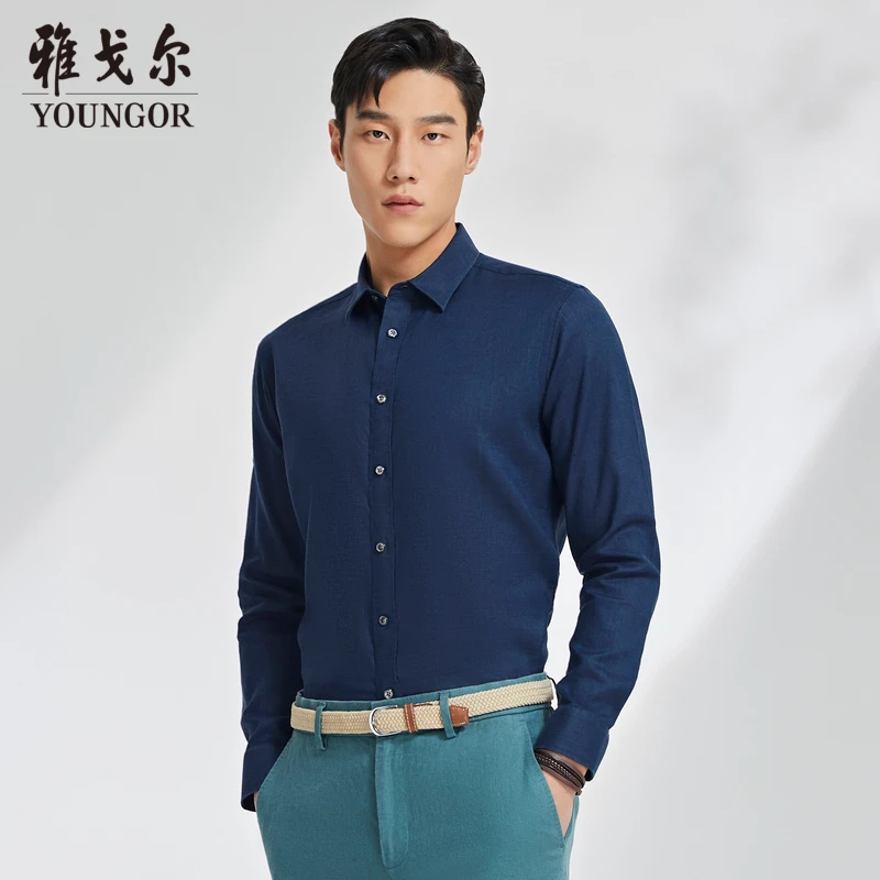 雅戈尔男装官方旗舰店亚麻衬衣新款商务休闲男士长袖衬衫134915