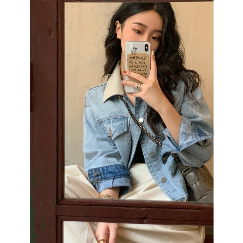 蓝色短款牛仔外套女韩版宽松早春新款百搭外搭上衣设计感夹克ins