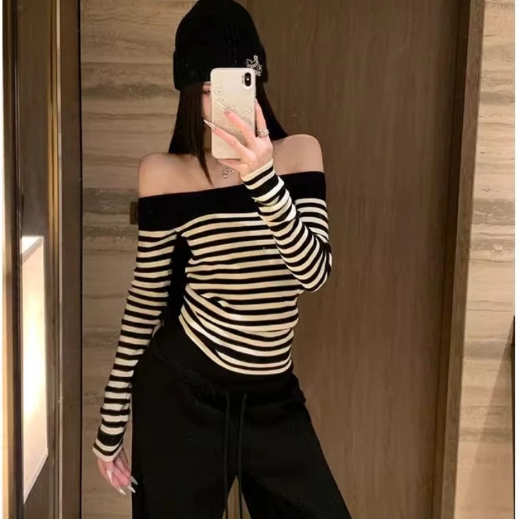 纯欲风百搭一字肩条纹针织衫女春秋甜辣妹气质修身显瘦打底衫上衣